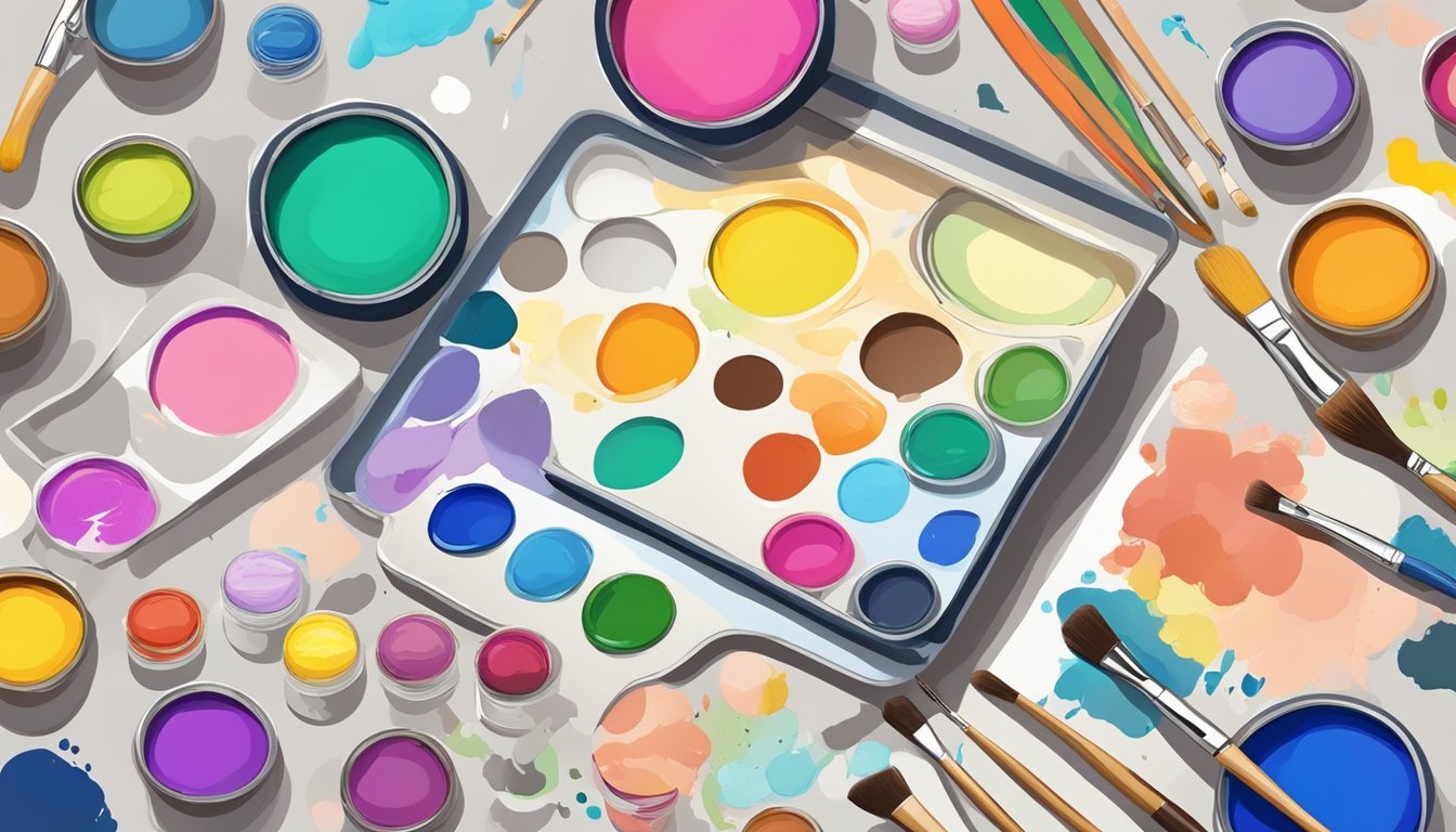 A colorful paint palette surrounded by various stencils, brushes, and whimsical doodles