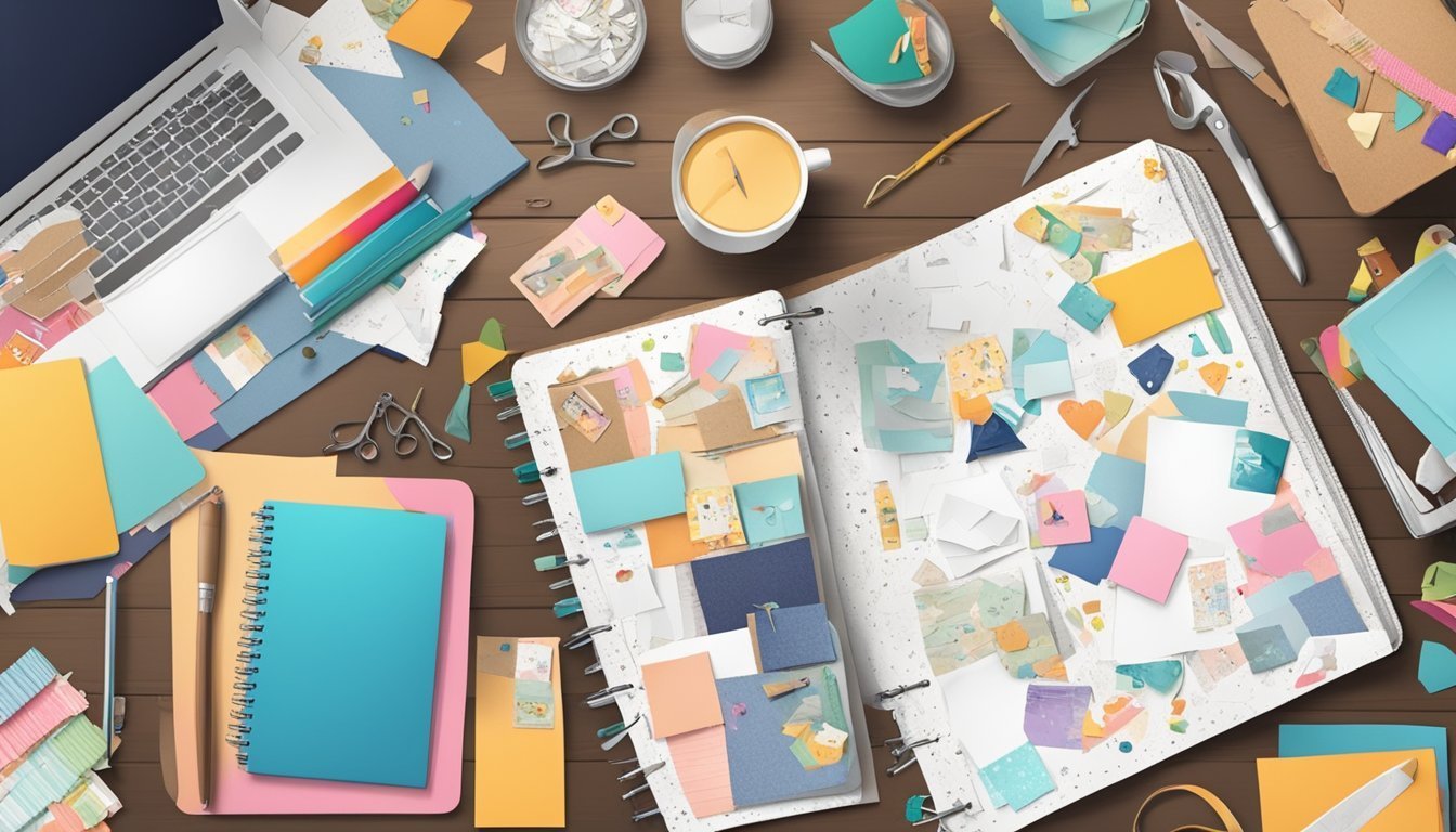 Notebooks, laptop, and craft supplies scattered on a wooden desk