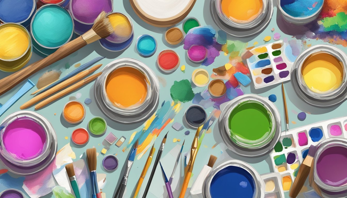 A table with various craft kits open and scattered, surrounded by colorful paints, brushes, and other art supplies