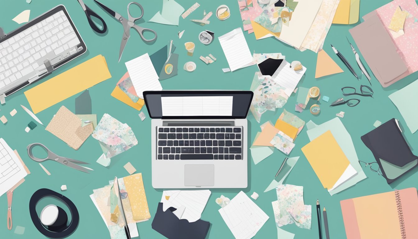A table with scattered photos, scissors, glue, and decorative paper.</p><p>A laptop open to a blog post titled "5 Tips for Creating Personalized Scrapbooks."