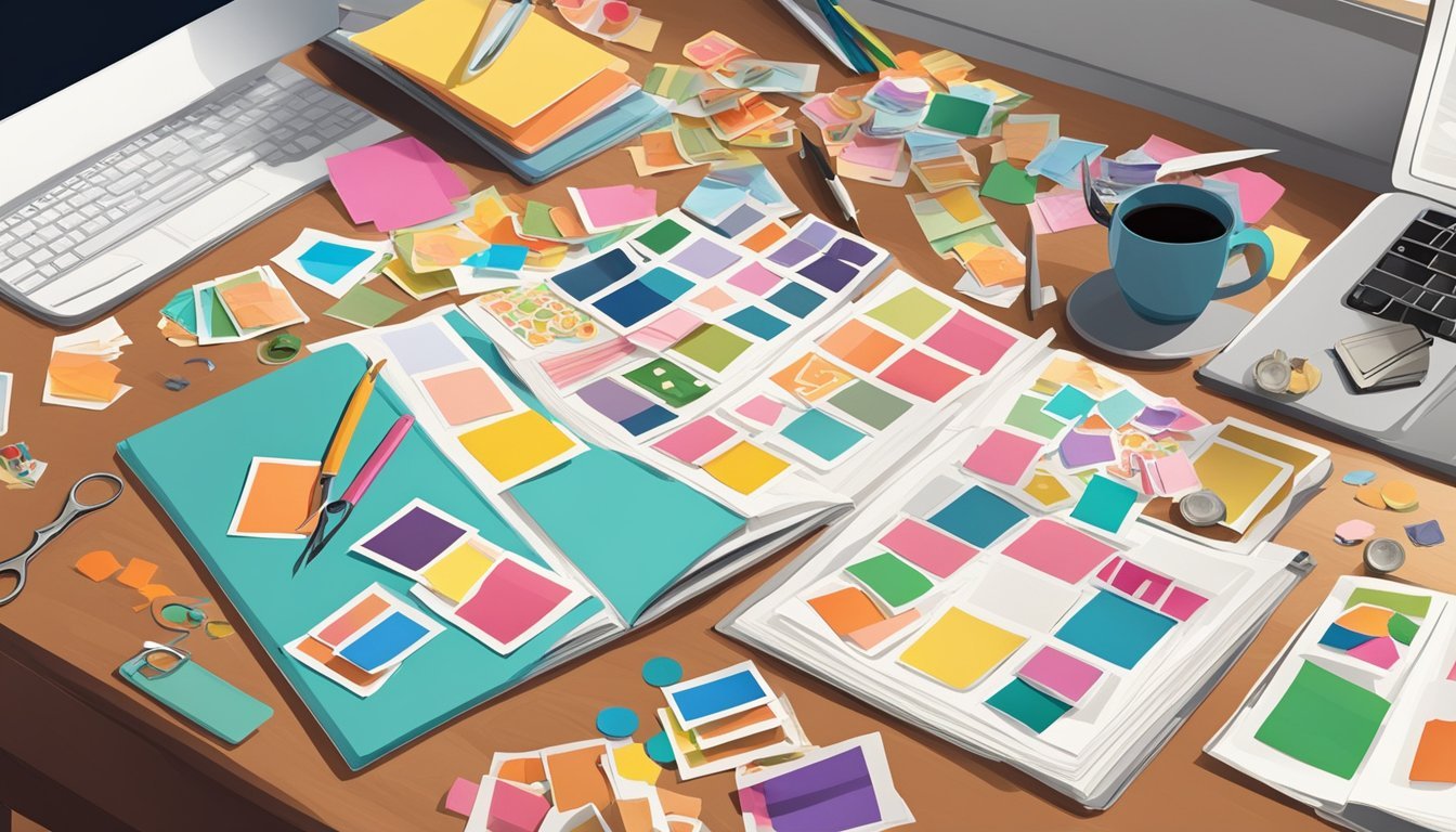 A table scattered with colorful stickers, scissors, and photos, with a scrapbook open and ready to be personalized