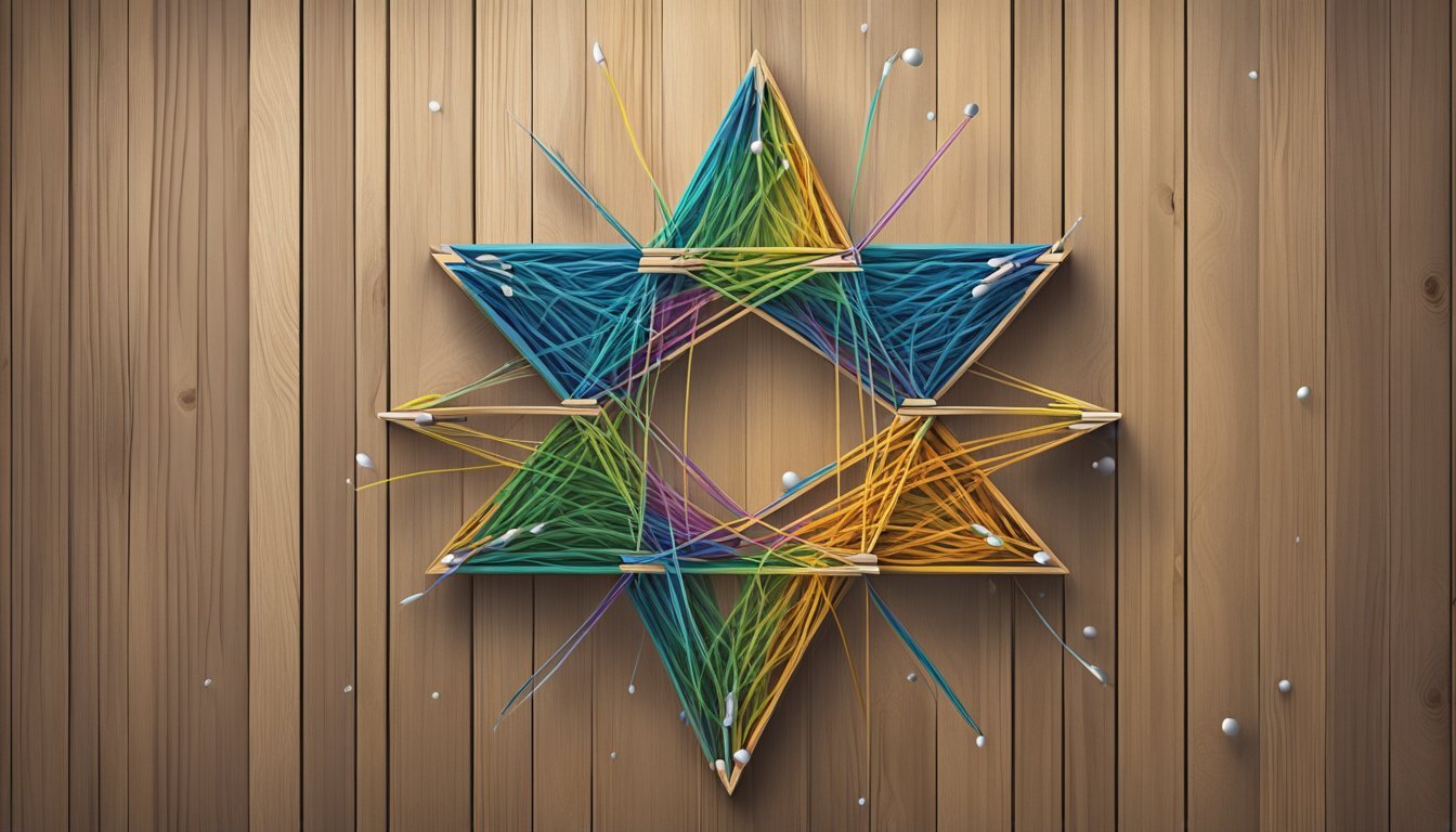 A wooden board with nails forming a star outline, colorful string weaving around the nails in a geometric pattern