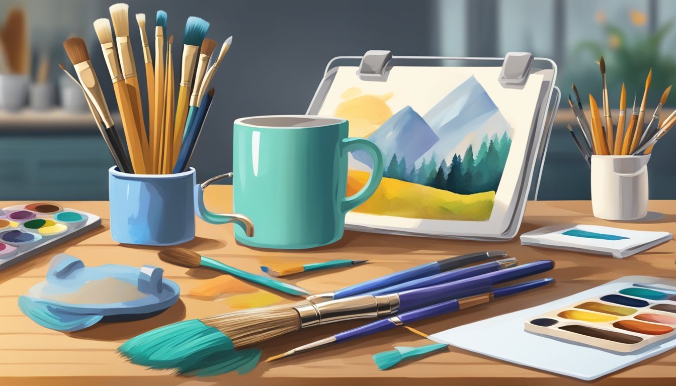 A table with a custom mug painting set, paintbrushes, and various craft supplies arranged neatly for use