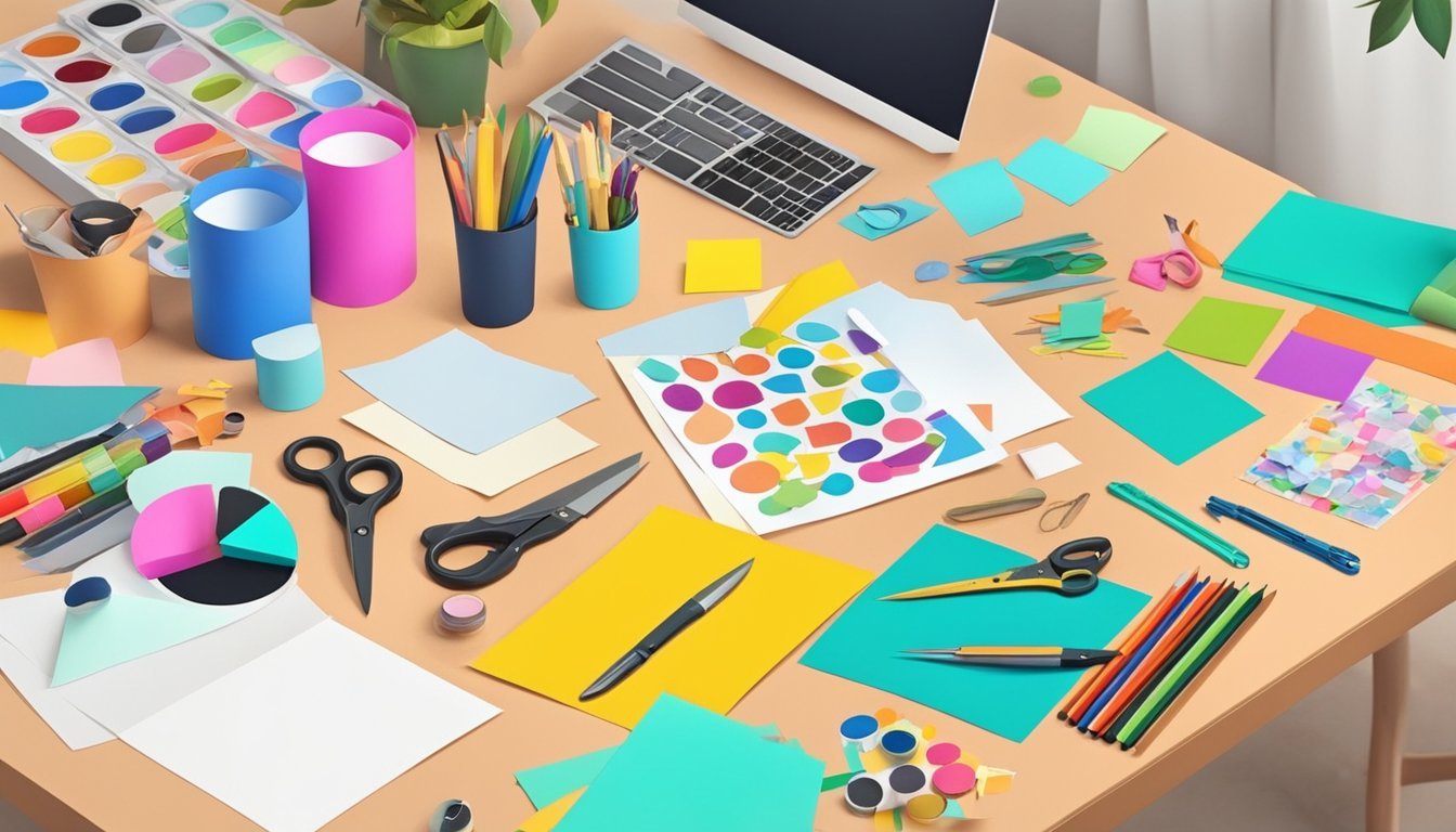 A table scattered with colorful paper, photos, stickers, and crafting tools.</p><p>A pair of scissors cutting a photo, while glue sticks and markers lay nearby