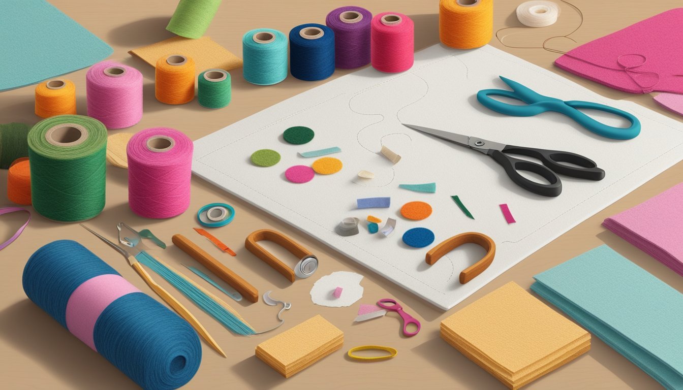 A table scattered with colorful felt, thread, and stuffing.</p><p>Scissors, needles, and a printed pattern lay ready for assembly