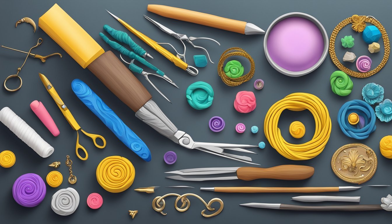 A table with polymer clay, sculpting tools, and jewelry findings