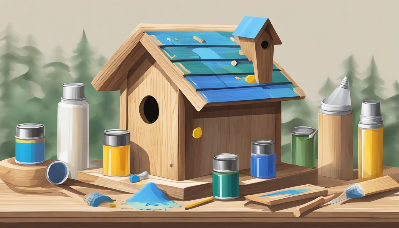 A wooden birdhouse being assembled with paint, glue, and decorative elements scattered on a table