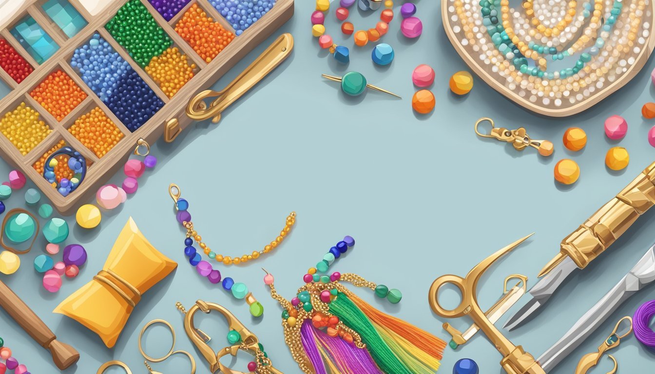 A table scattered with colorful beads, strings, and small tools for jewelry making.</p><p>A finished bracelet sits next to the kit