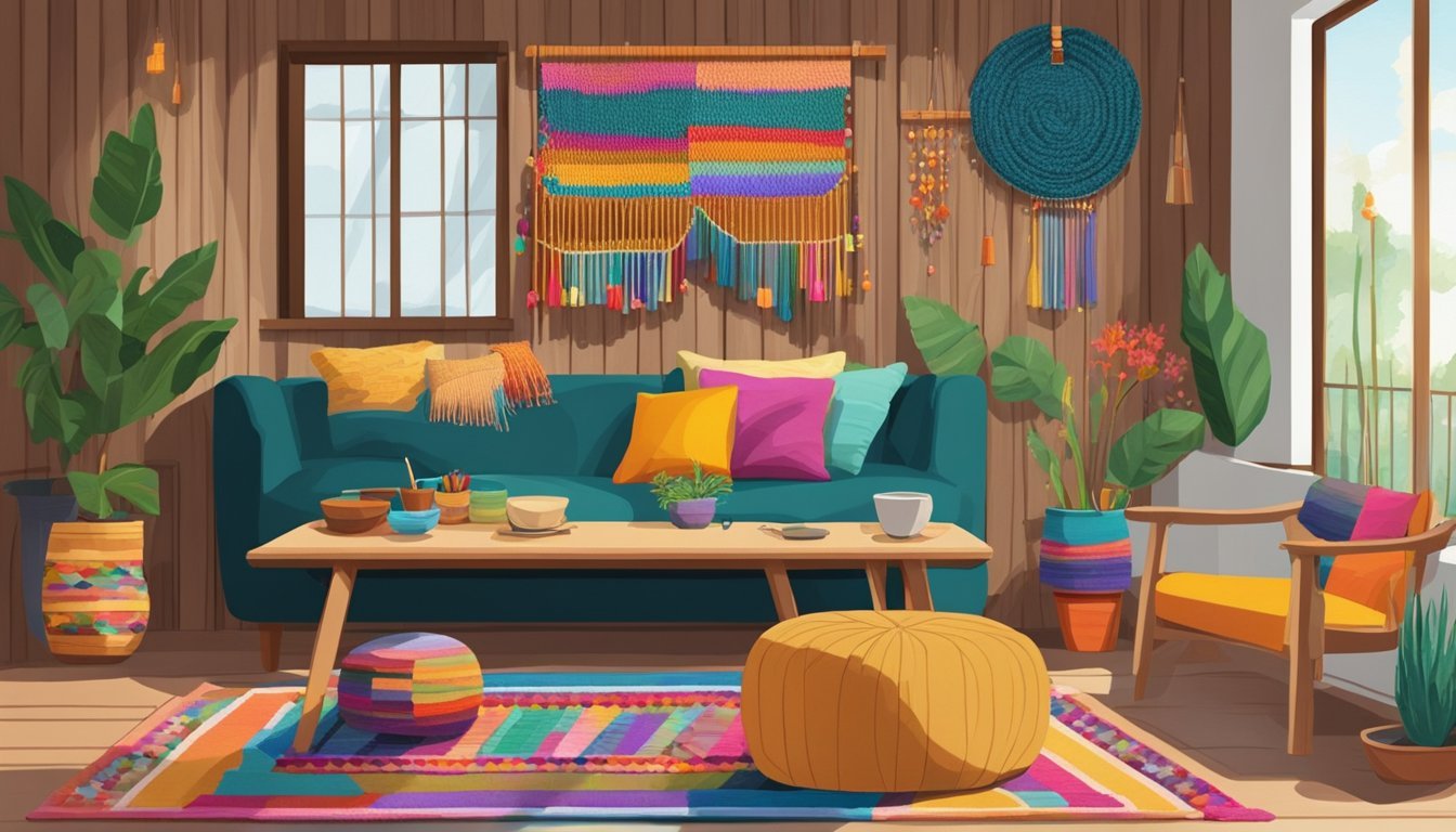 A cozy living room with a wooden table covered in colorful yarn, beads, and a weaving loom.</p><p>A finished wall hanging hangs on the wall as inspiration