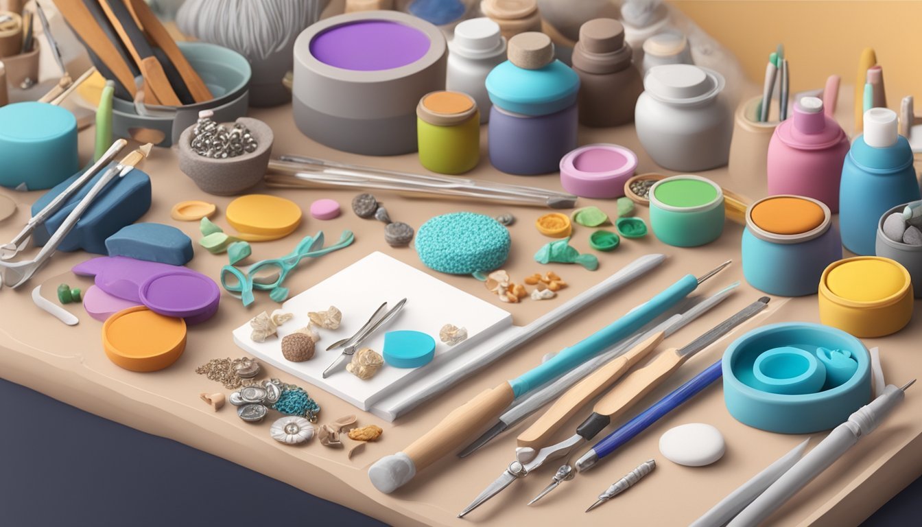 A work table with various polymer clay brands, sculpting tools, and jewelry pieces in progress