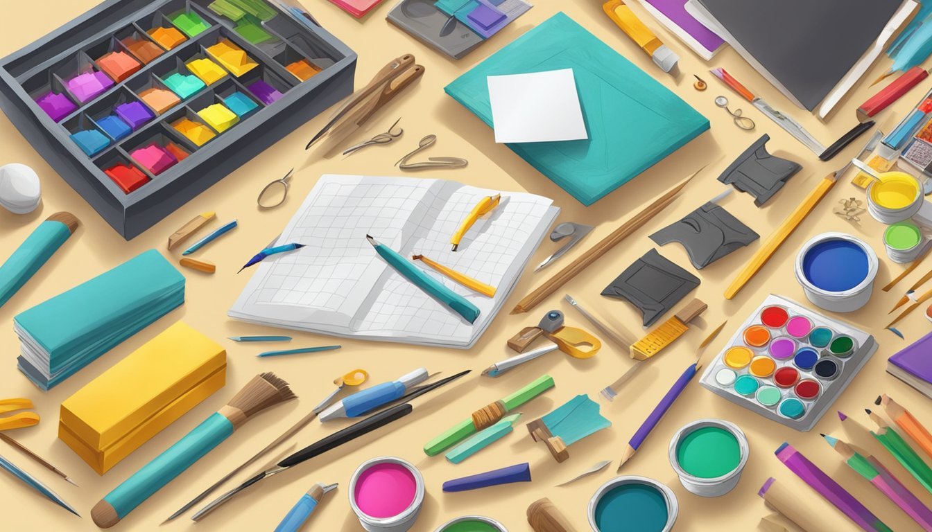 A table with various craft kits spread out, surrounded by colorful art supplies and tools.</p><p>A finished masterpiece displayed in the background