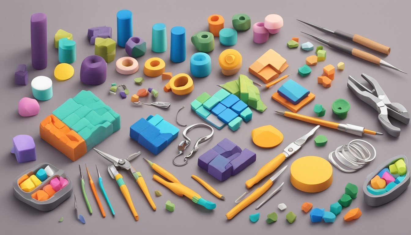A worktable with various sculpting tools and blocks of Fimo Professional polymer clay, showcasing the process of creating intricate jewelry designs