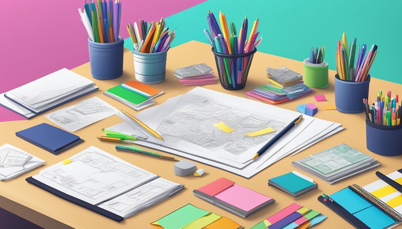 Desk with architectural drawings, pens, pencils, and colorful stationery supplies