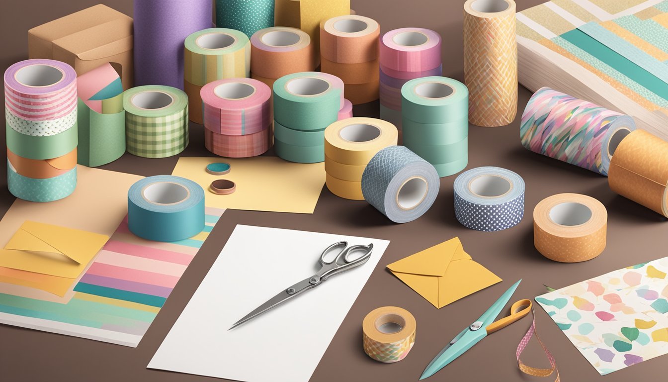 A colorful array of washi tape rolls, scissors, and decorative paper spread out on a table, with a handmade card and envelope displayed nearby