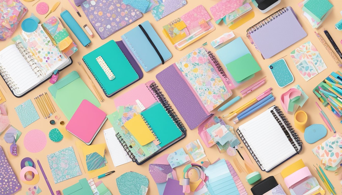 A colorful array of personalized notebooks with unique designs and patterns, surrounded by crafting supplies like stickers, markers, and washi tape