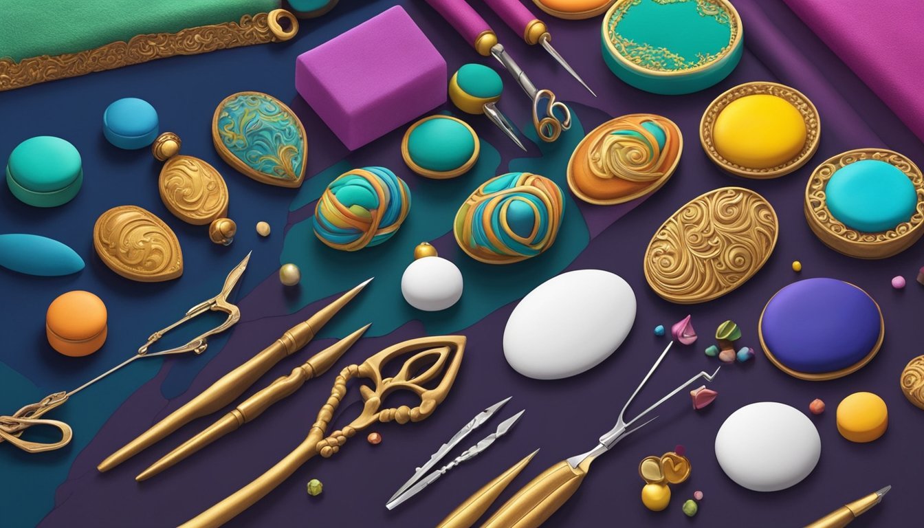 A table with various colors of polymer clay, sculpting tools, and finished cabochon jewelry pieces displayed on a velvet backdrop