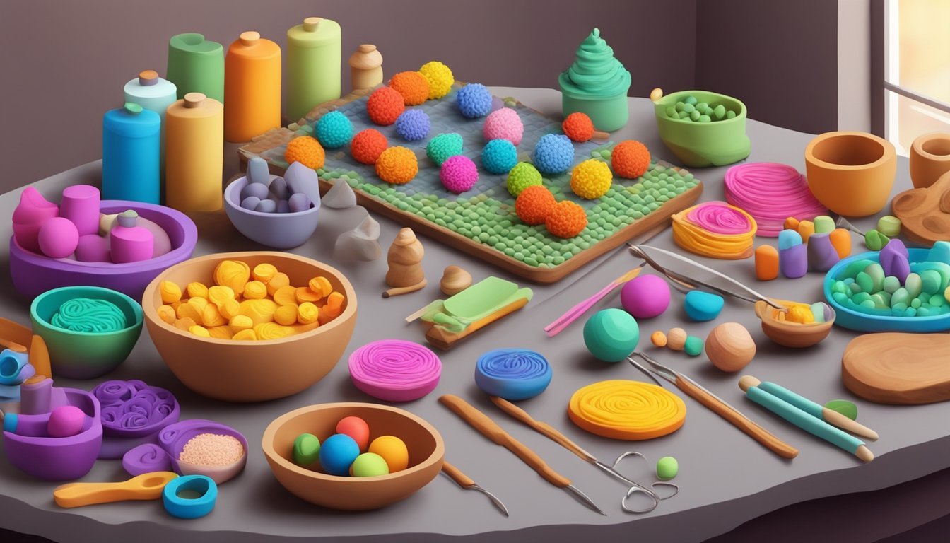 A table with colorful polymer clay, sculpting tools, and a baking oven.</p><p>Beads in various shapes and sizes are being sculpted and arranged on the table