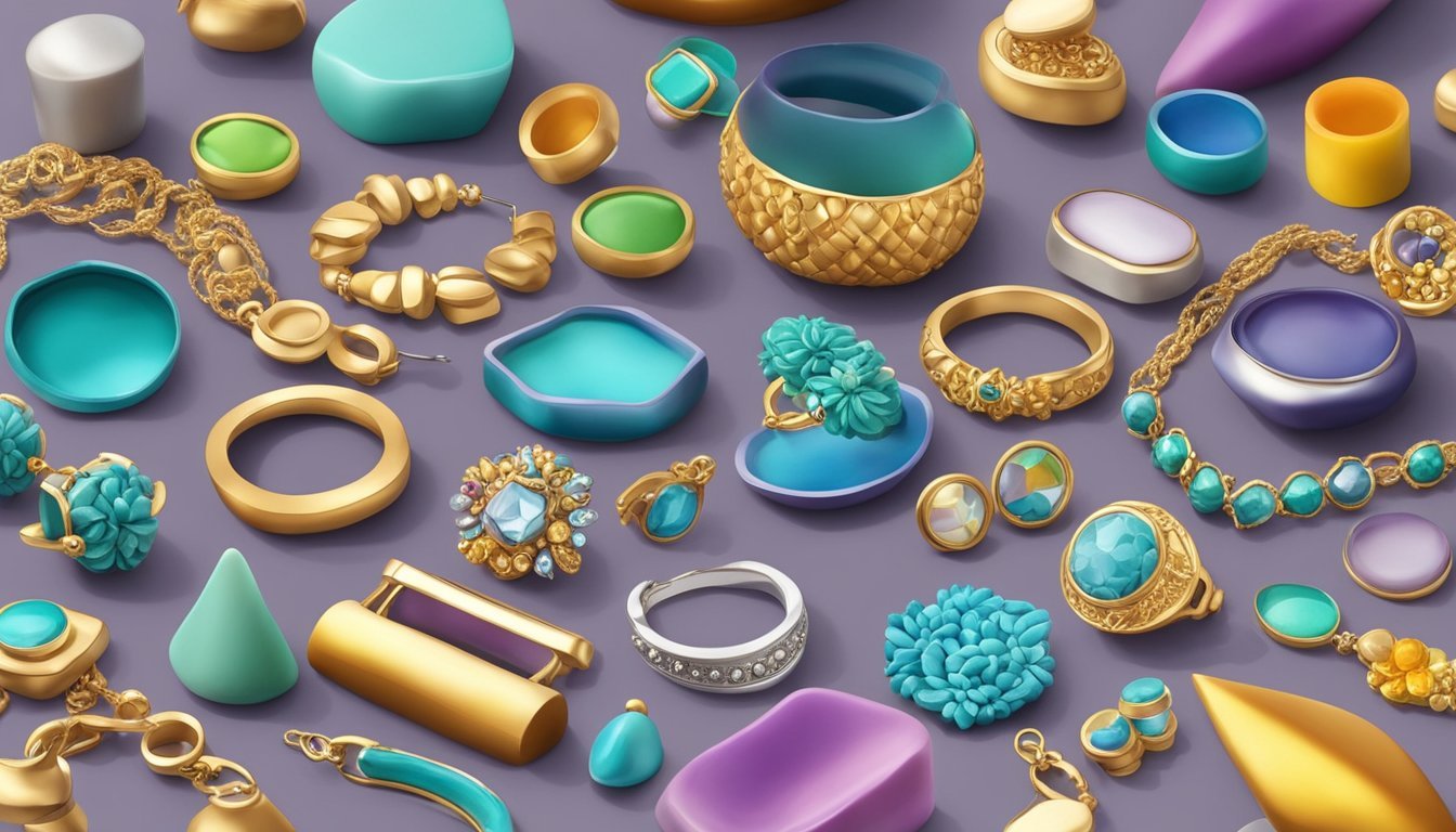 A table with various polymer clay jewelry pieces, surrounded by different glaze options in shiny finishes