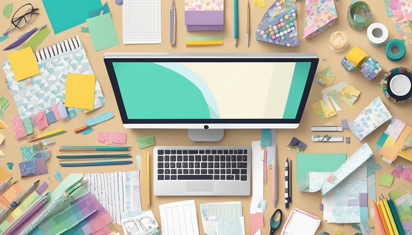 A desk with colorful paper, pens, stamps, and washi tape scattered around.</p><p>A personalized stationery set in progress, with various designs and patterns