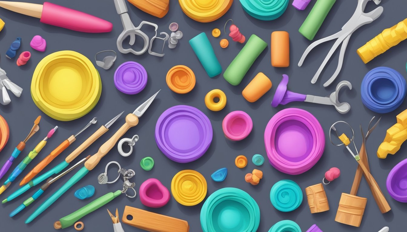 A table with various colors of polymer clay, sculpting tools, and jewelry molds laid out for crafting