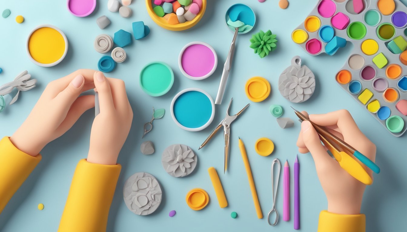 A table with various colors of polymer clay, sculpting tools, and jewelry pieces.</p><p>A pair of hands shaping a small clay figure