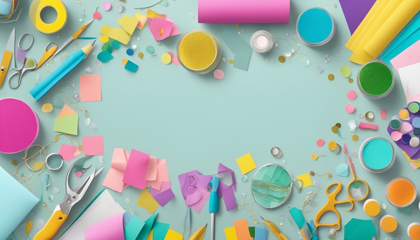 A table with various craft supplies scattered around, including colorful paper, glue, scissors, and glitter. A finished embellishment adorns a completed craft project in the background