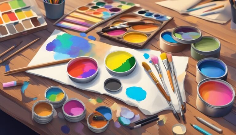 Art supplies on a wooden table: paint, brushes, pencils, and palettes