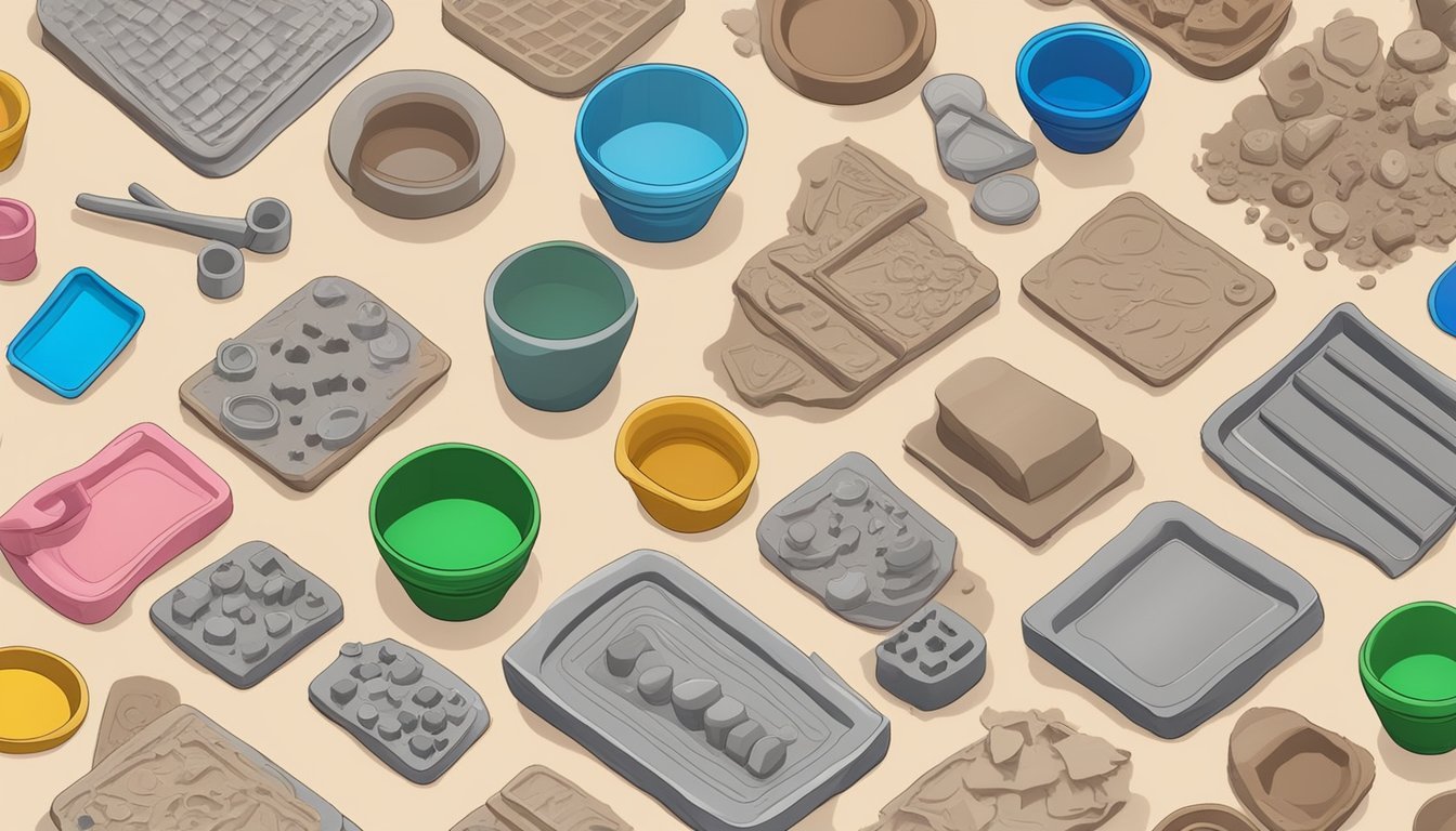 A table scattered with clay, molds, and tools for making stamped clay charms for craft projects