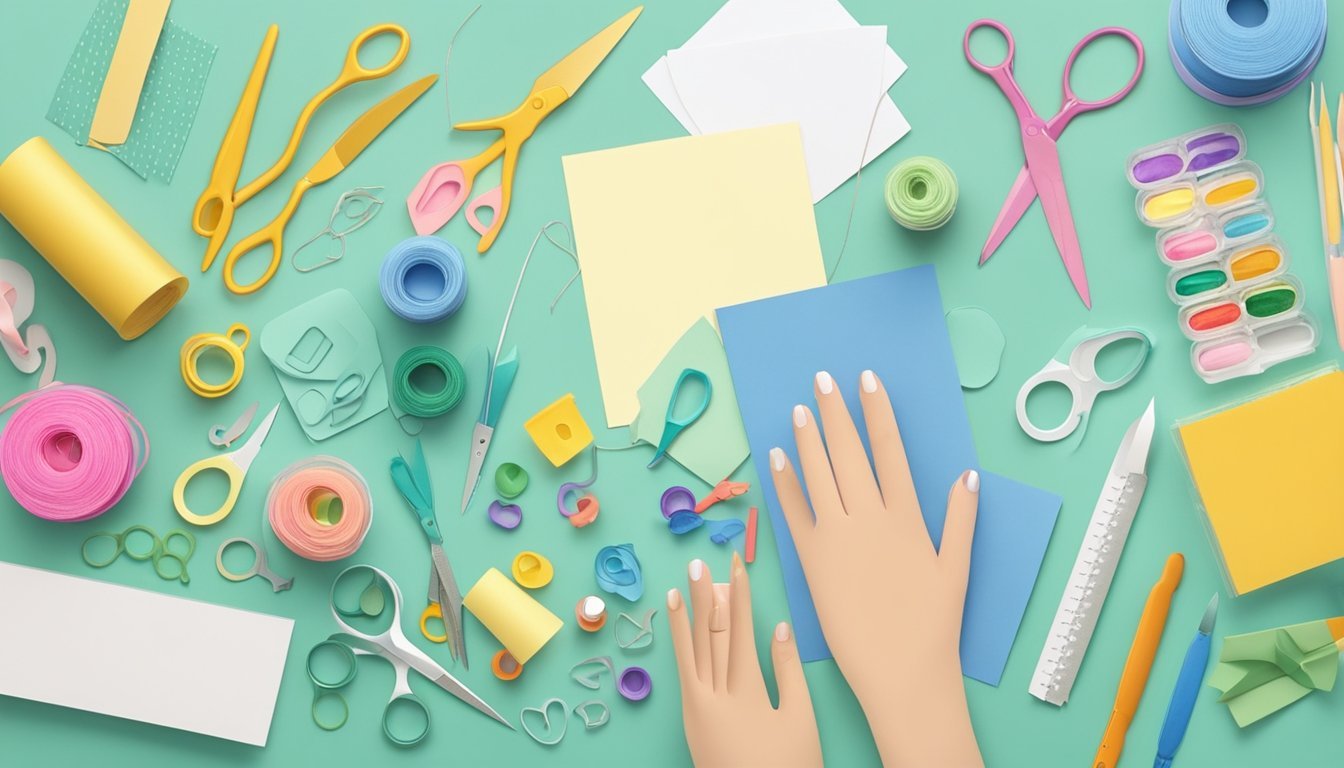 A pair of hands using embossed cardstock to create various embellishments for craft projects, surrounded by scissors, glue, and other crafting tools on a table