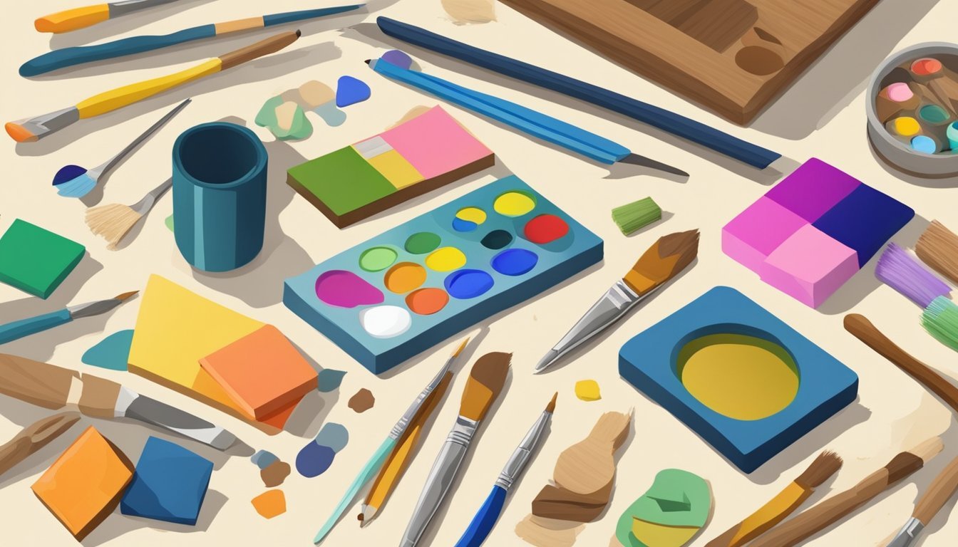 A work table with various painted wooden shapes, paintbrushes, and craft supplies scattered around