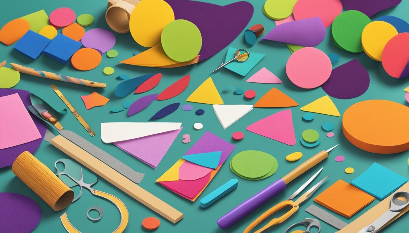 A table scattered with colorful felt shapes and craft supplies. Glue, scissors, and a variety of textures and colors