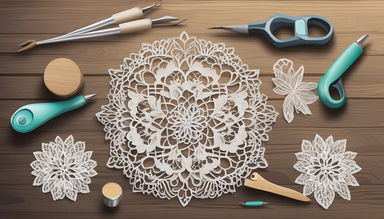 A pair of delicate lace cutouts laid out on a wooden table, surrounded by crafting tools and materials