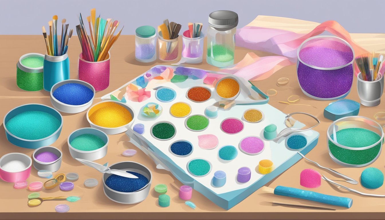 A table with various craft materials: glitter, beads, ribbons, and glue. Scissors, paint, and brushes are neatly arranged on the side