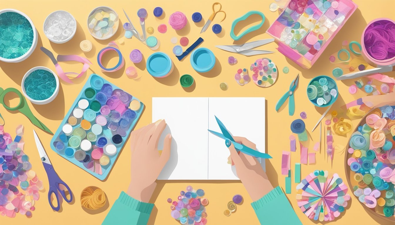 A table scattered with craft supplies: colorful paper, glue, scissors, ribbons, beads, and sequins. A pair of hands cutting and arranging materials into intricate embellishments