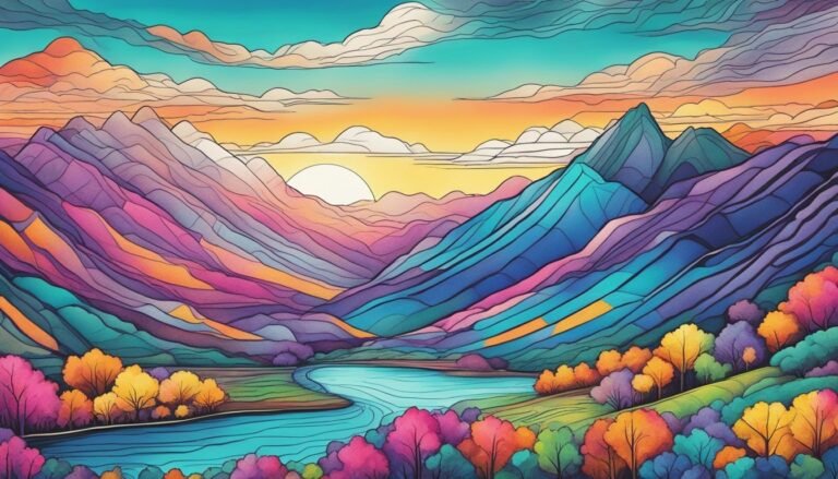 Colorful, stylized landscape painting of mountains, river, trees, and sunset