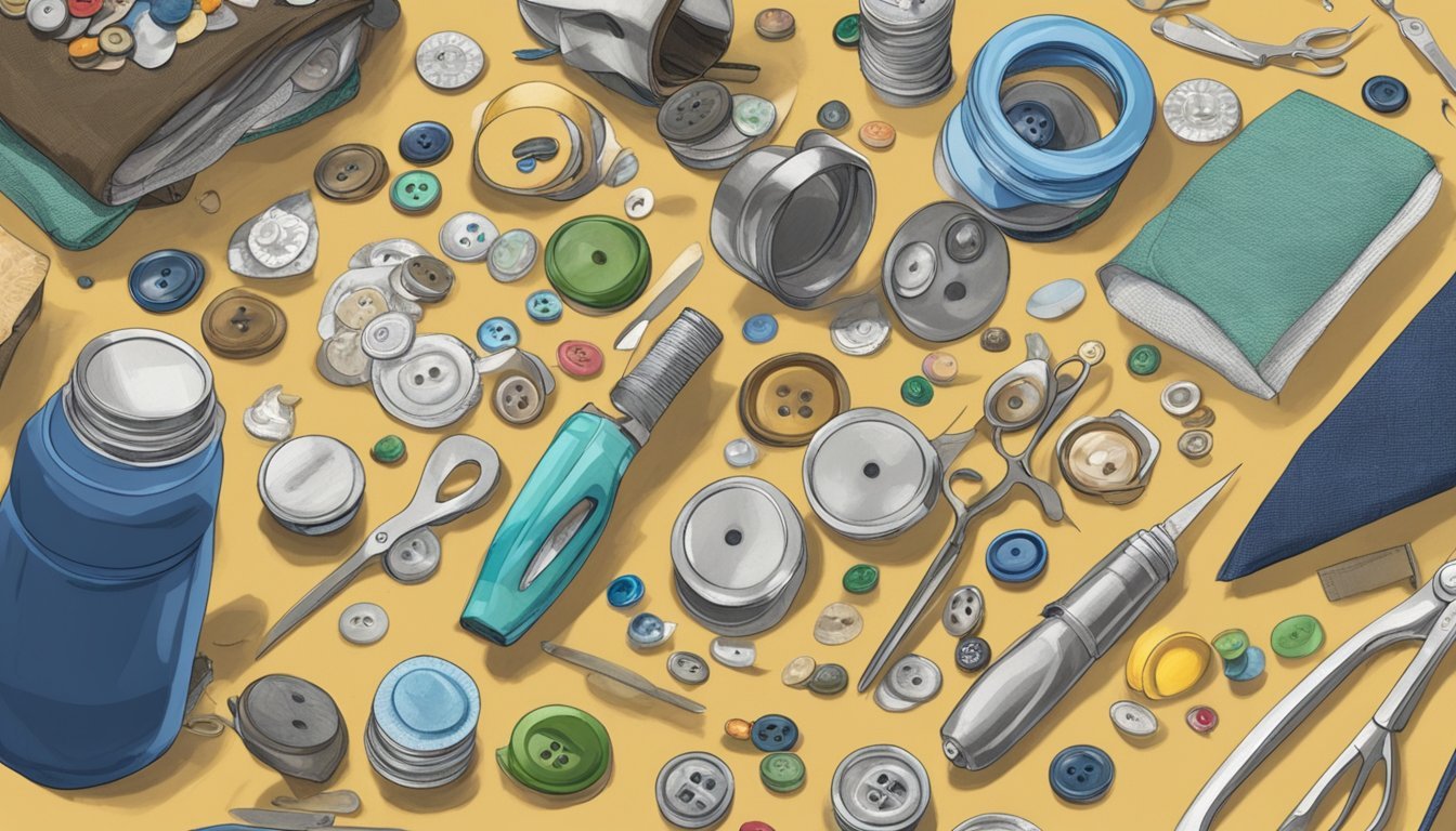 A cluttered work table with various found objects like buttons, bottle caps, and fabric scraps.</p><p>A pair of scissors and glue are nearby