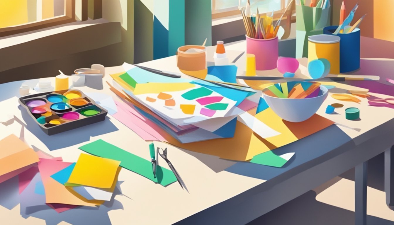 Art supplies on a table: paints, paper, brushes, and colorful items