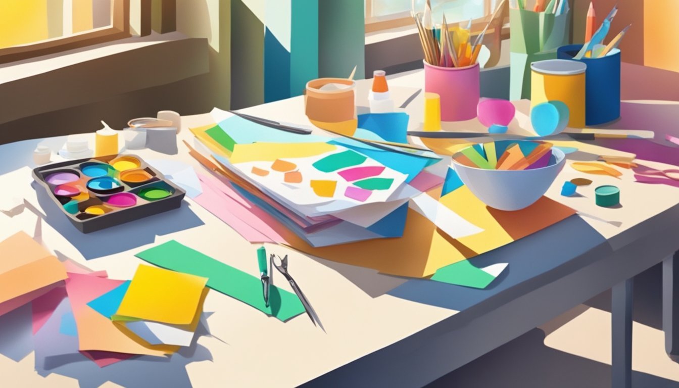 A table with colorful paper, glue, scissors, and paint.</p><p>Various craft supplies scattered around.</p><p>Bright window light streaming in