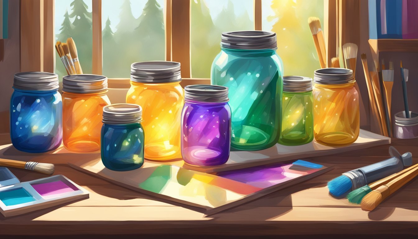 Colorful mason jars arranged on a wooden table with paintbrushes and various crafting supplies scattered around.</p><p>Sunlight streaming in through a nearby window