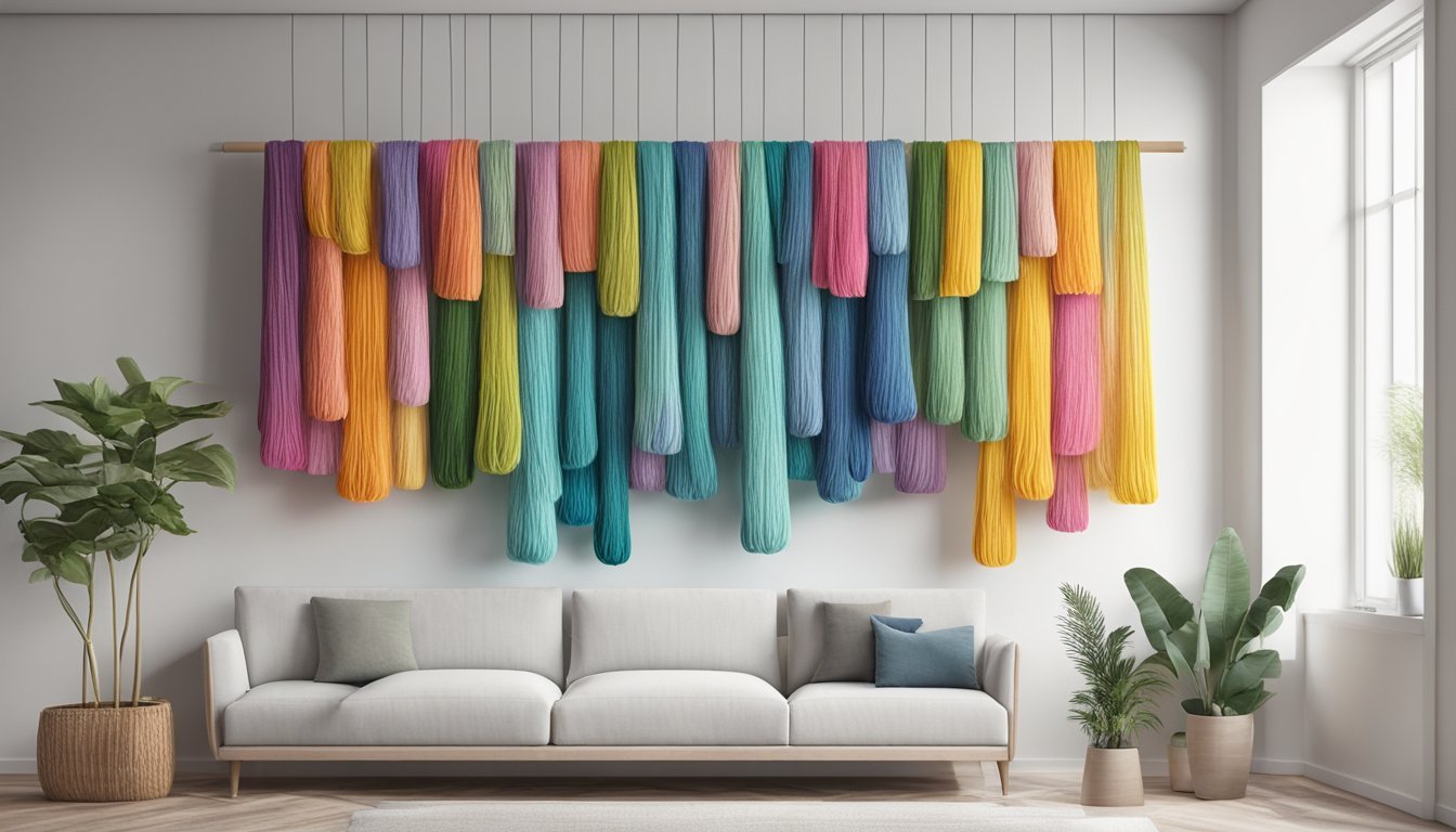 A colorful yarn wall hanging suspended from a wooden dowel against a white wall