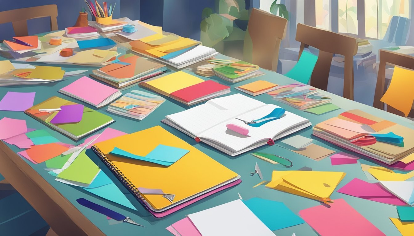 A table scattered with colorful paper, glue, and scissors.</p><p>Finished decoupage notebooks displayed in the background