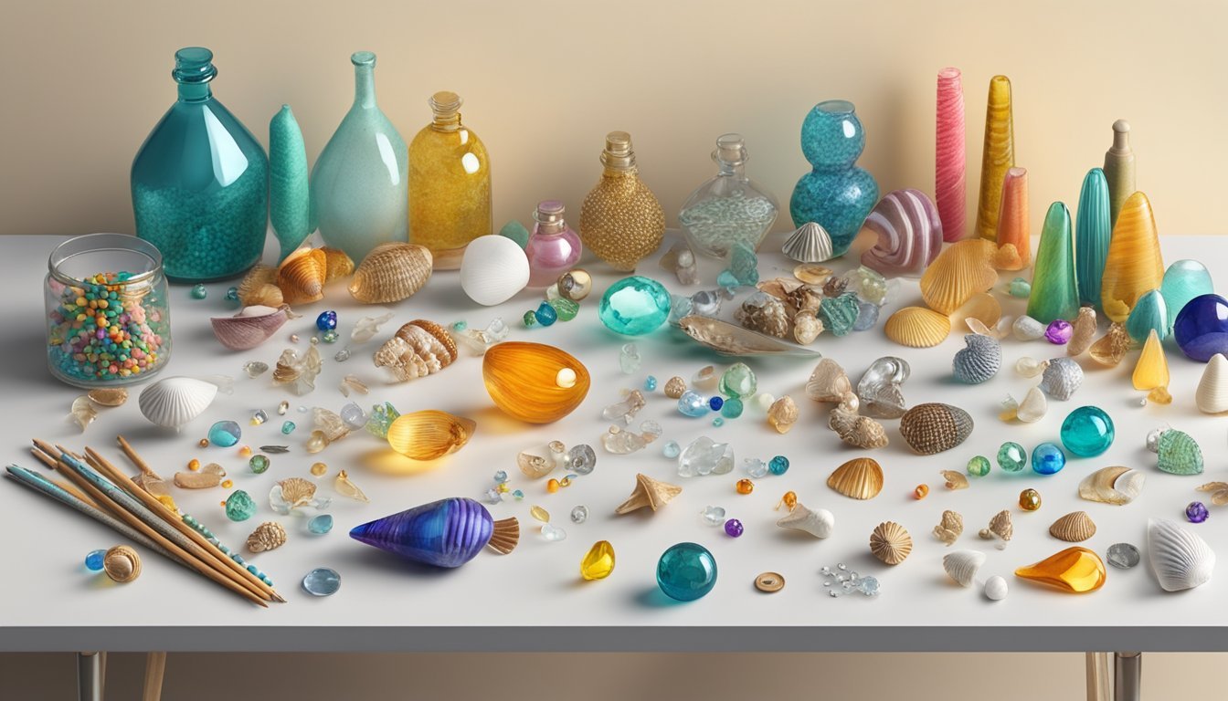 Colorful glass figures arranged on a worktable with various found objects like seashells, beads, and metal pieces.</p><p>A glue gun and other craft supplies are scattered around the workspace