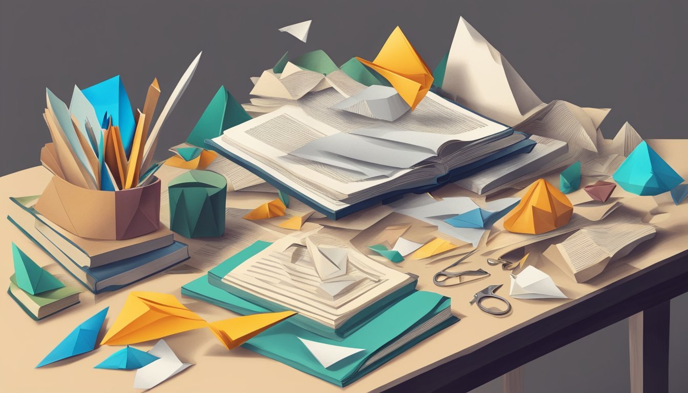 A cluttered desk with old book pages, scissors, and folded origami art projects