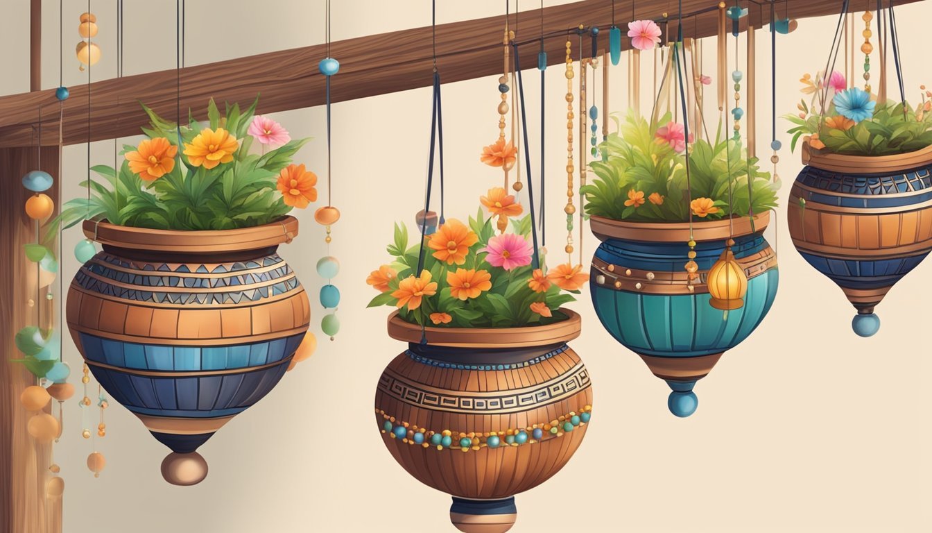 Terra cotta pots suspended from a wooden frame, with colorful beads and metal chimes, swaying in the breeze