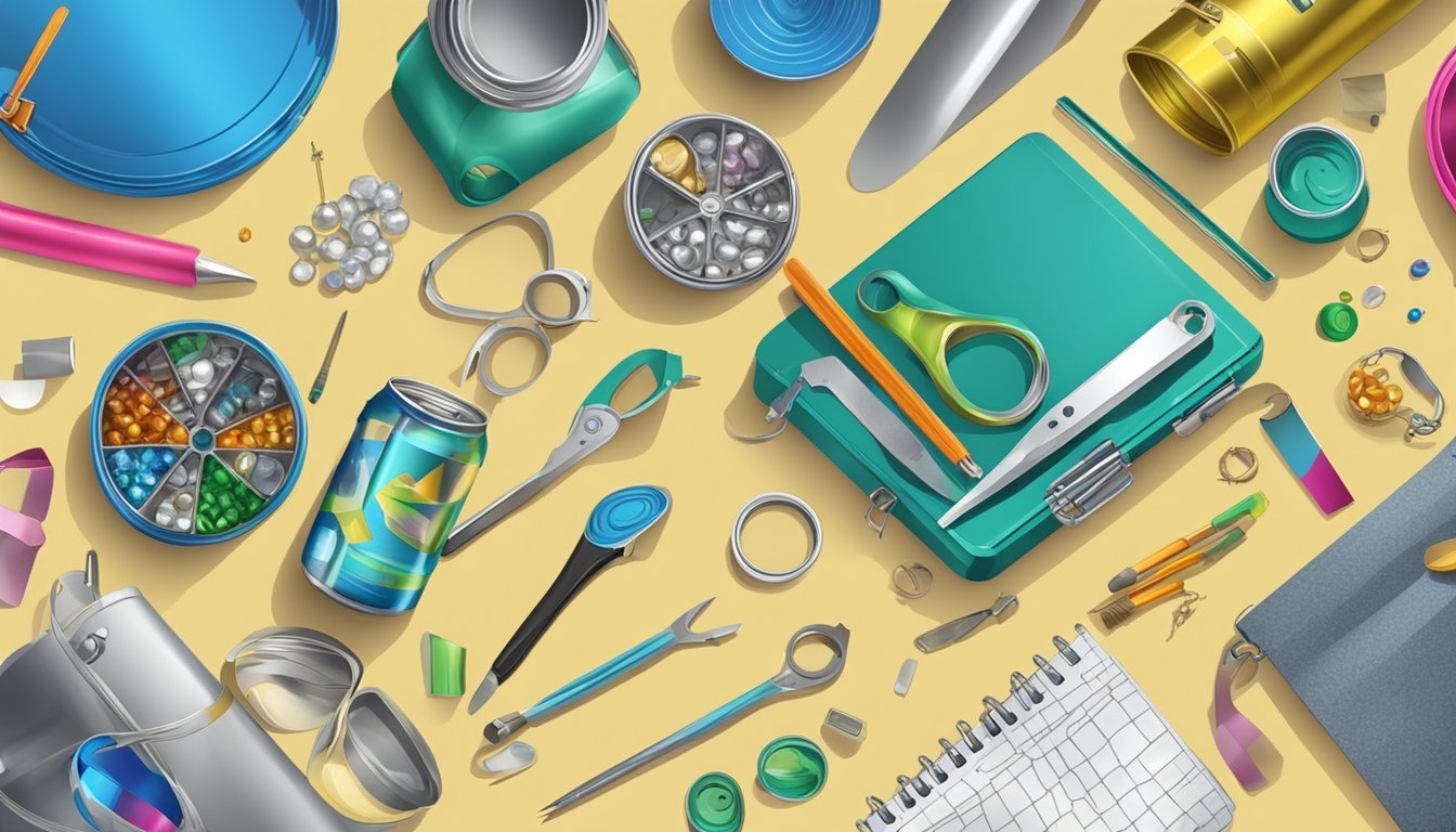 A work table with colorful aluminum cans, jewelry-making tools, and other found objects scattered around
