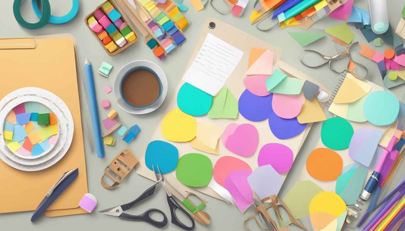 A table with various craft supplies scattered around, including photo clipboards, scissors, glue, and colorful paper