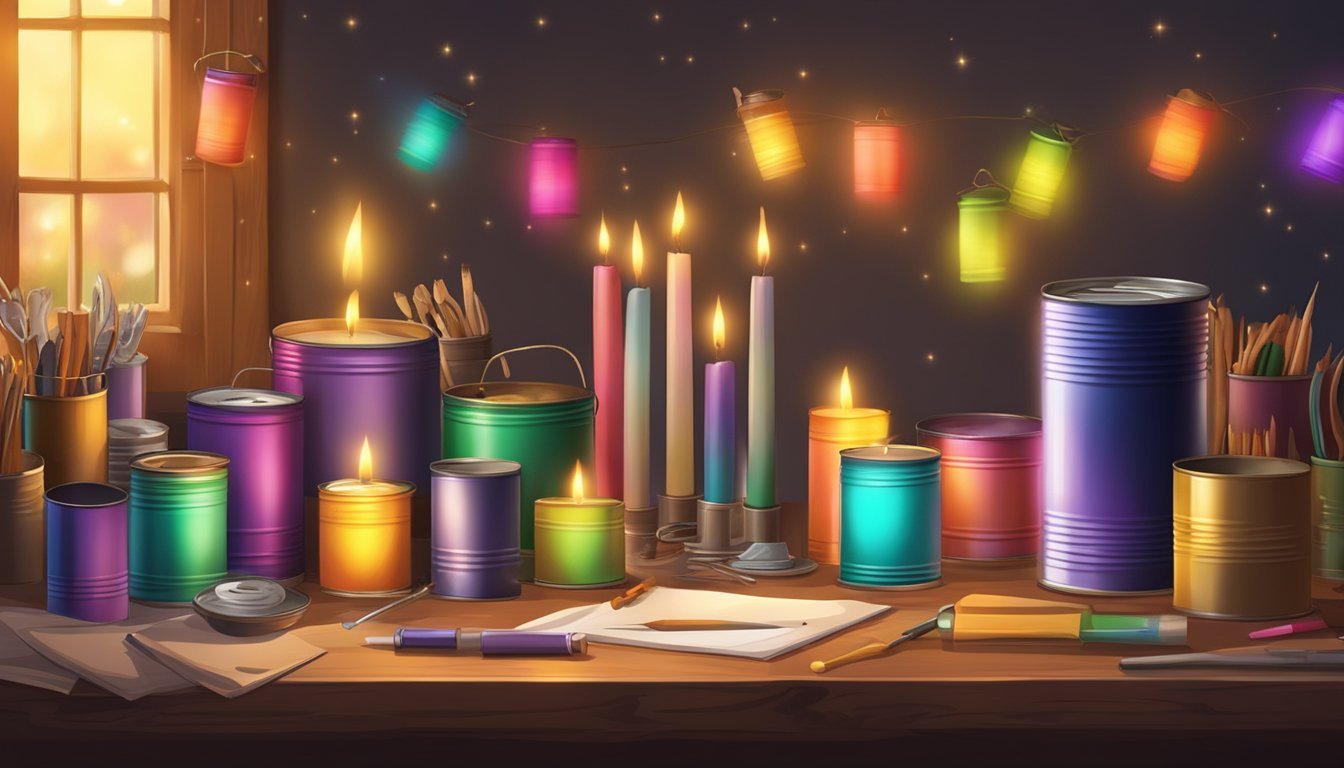 A table with colorful tin can lanterns, glowing with candlelight, surrounded by craft supplies and tools