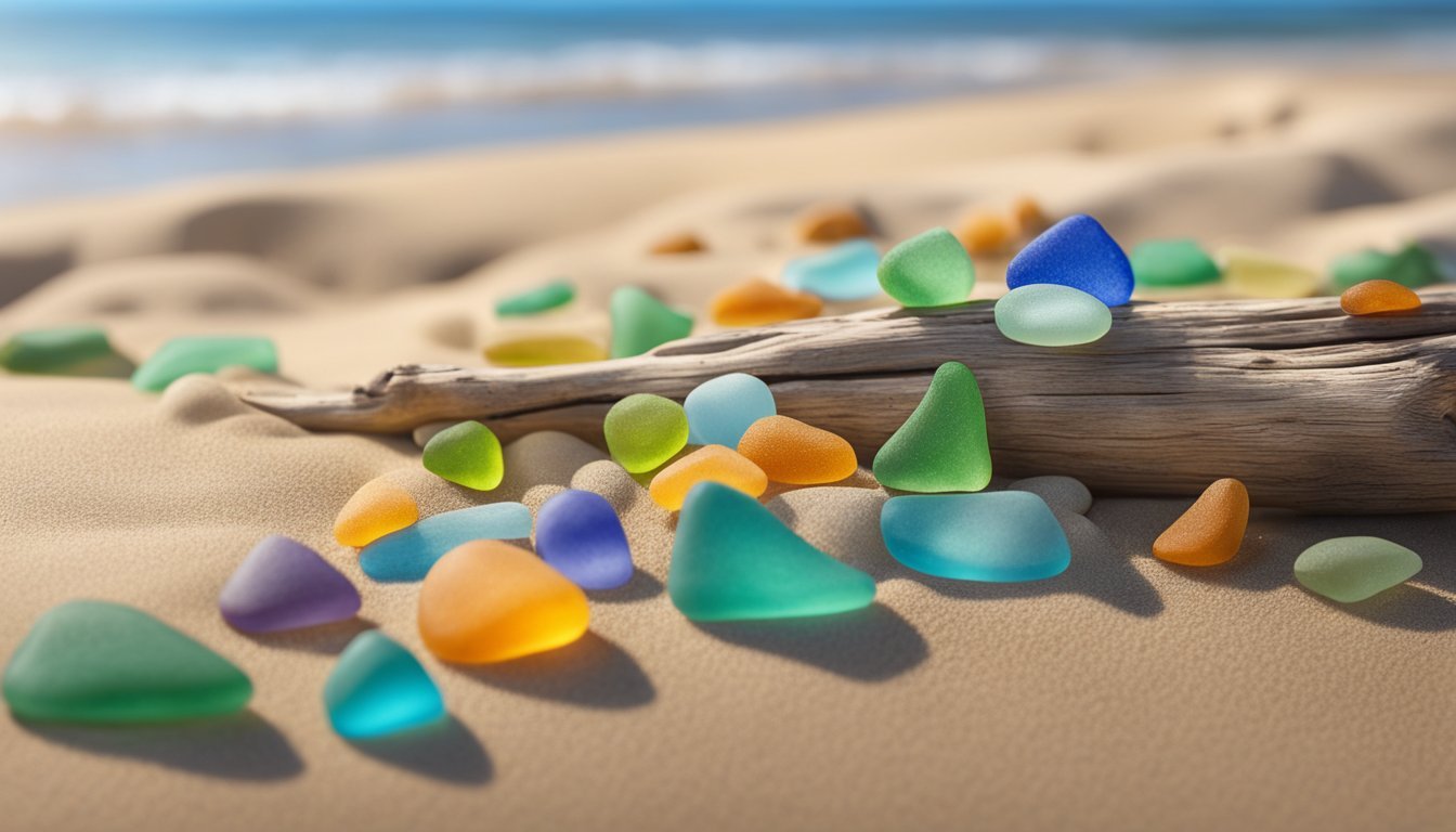 Sunlight filters through colorful sea glass hanging from driftwood, casting vibrant patterns on the sand below
