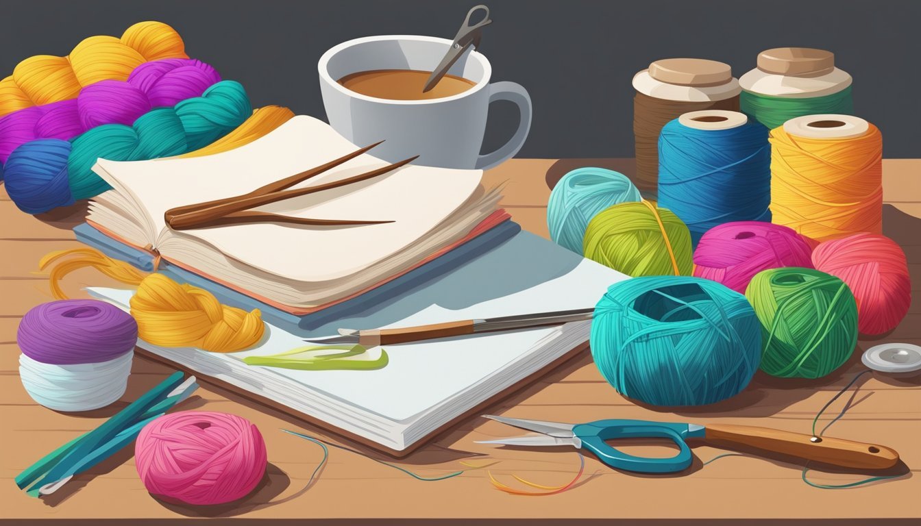 A table scattered with colorful yarn, scissors, glue, and paper.</p><p>A stack of craft books sits next to a cup of paintbrushes and a jar of buttons