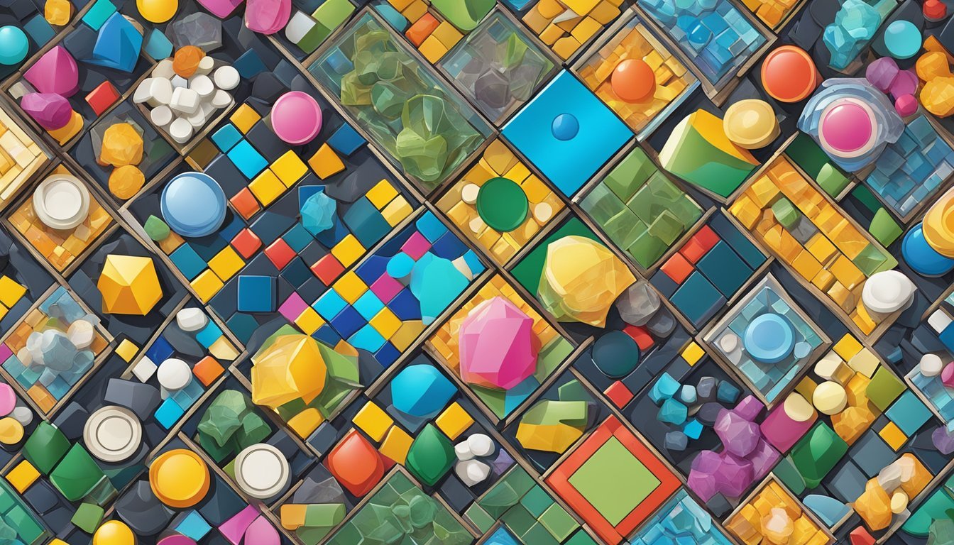 A collection of discarded board game pieces arranged in a colorful and intricate mosaic pattern, creating a unique and eye-catching art project